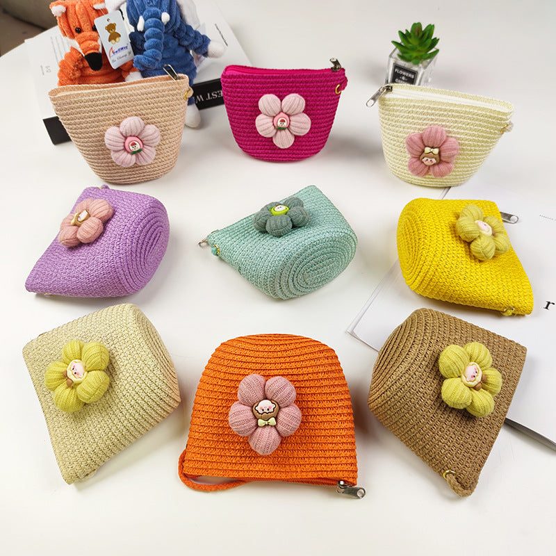 Children's Mini Straw Flower Woven Small Little Coin Purses