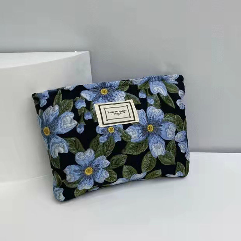 Sacs à cosmétiques de fleur artistique rétro en toile jacquard élégante noire et blanche mignonne