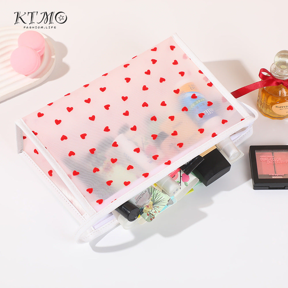 Mesh Flocking Love Storage Simple Large Capacity Wash Cosmetic Bags