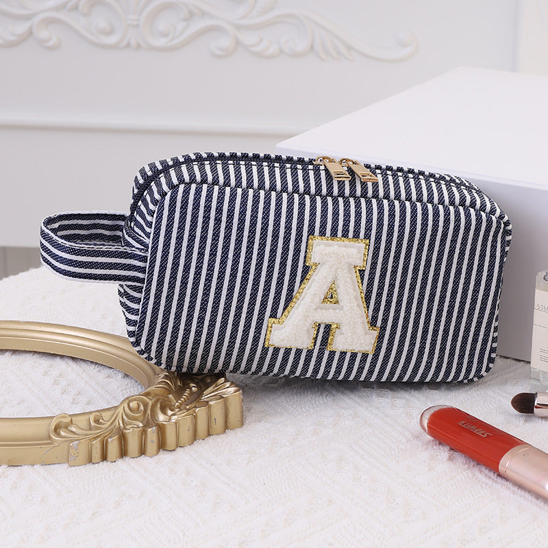 Portable Chenille Striped Seersucker Personal Hygiene Cosmetic Bags