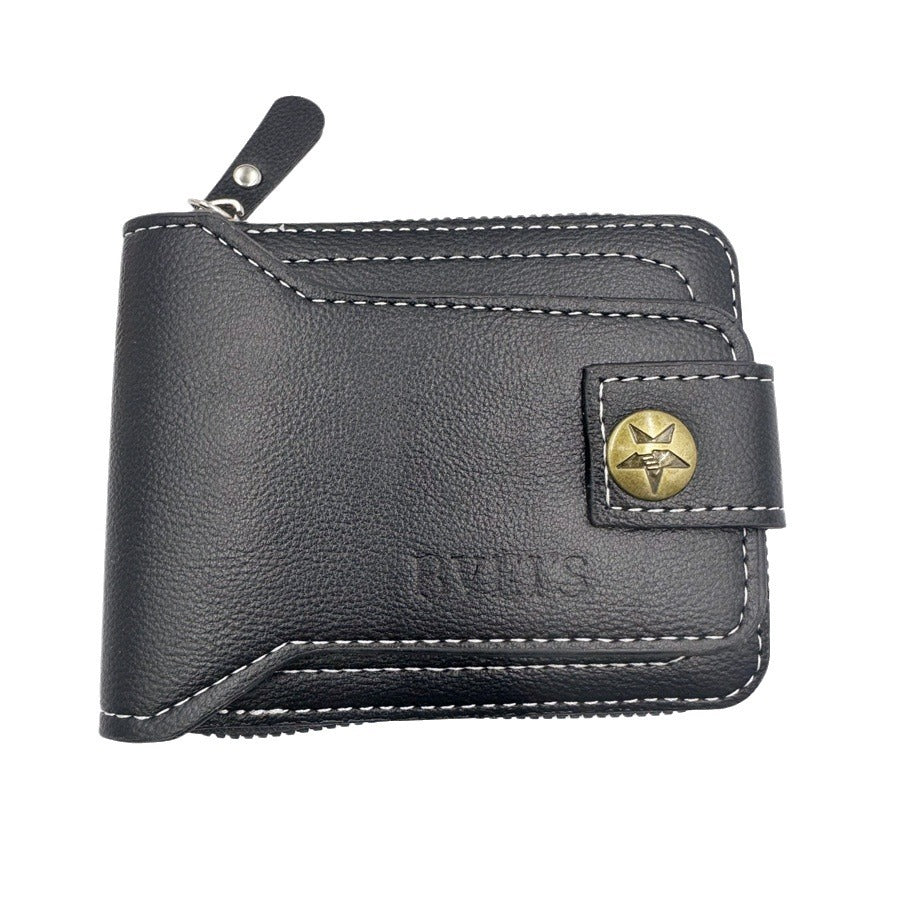 Men's Short Horizontal Zipper Two-fold Brass Design Men's Wallets