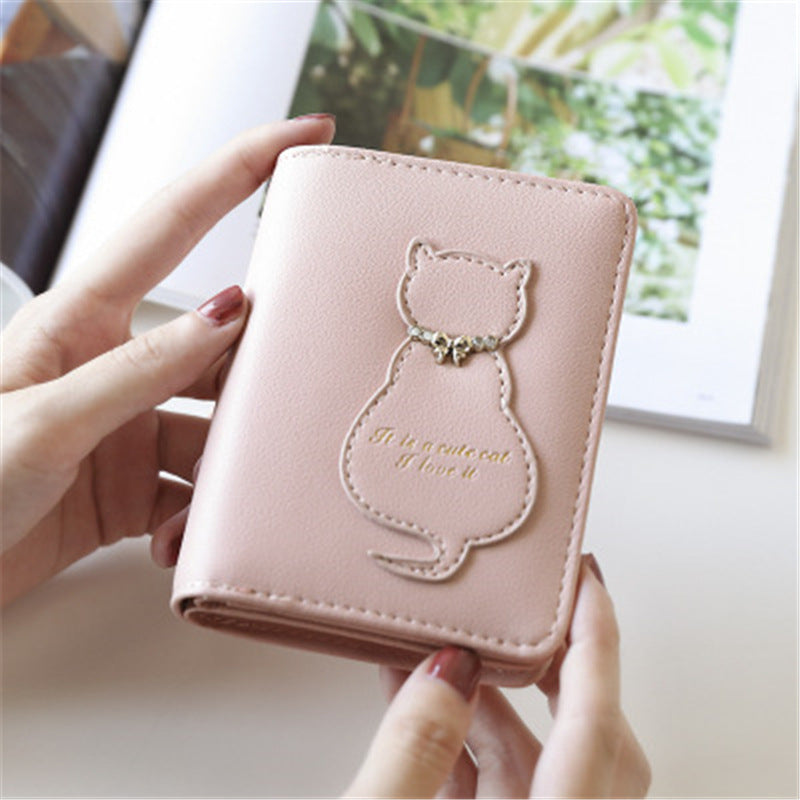 Women's Cute Cat Solid Color Vertical 2 Fold Ladies Wallets