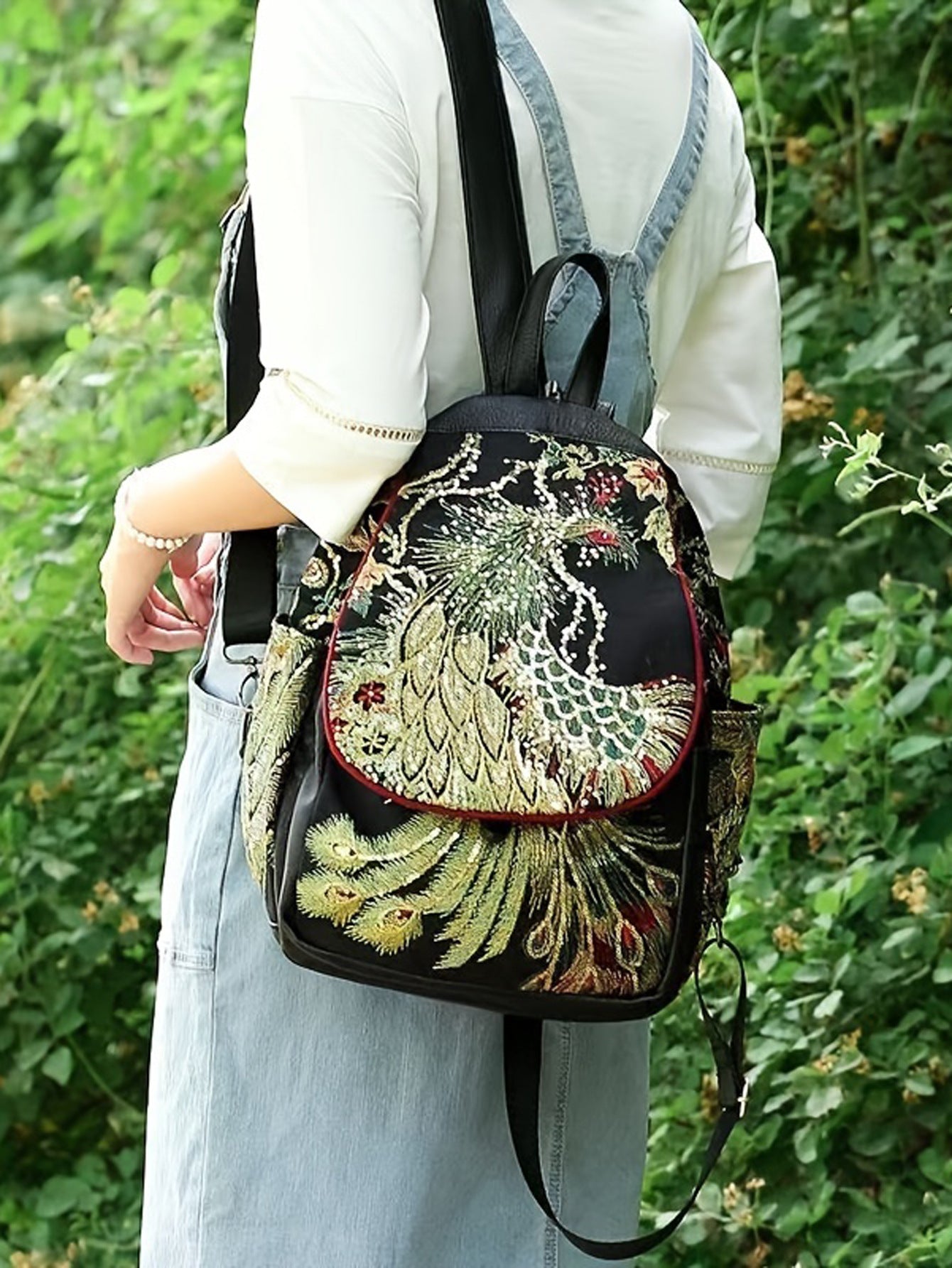 Women's Yunnan National Style Embroidered Peacock Canvas Backpacks