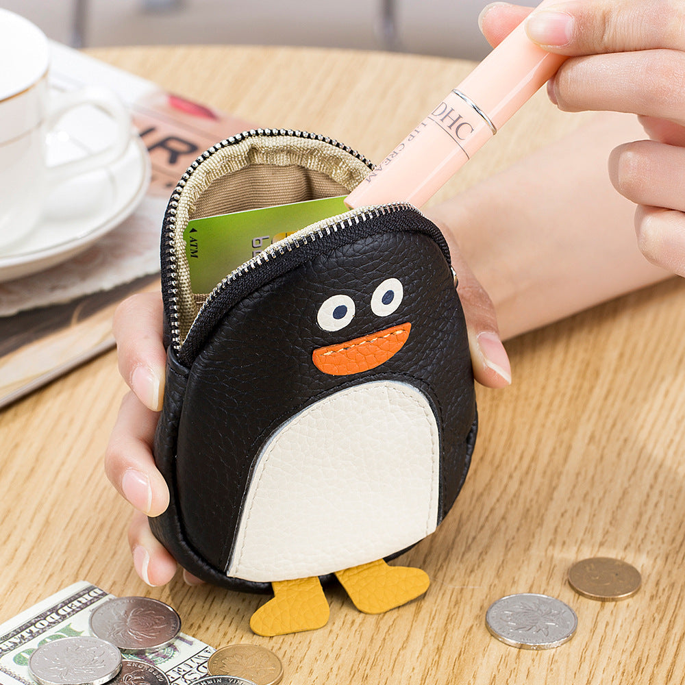 Petit porte-monnaie en cuir véritable pour femmes, rangement d'animaux mignons