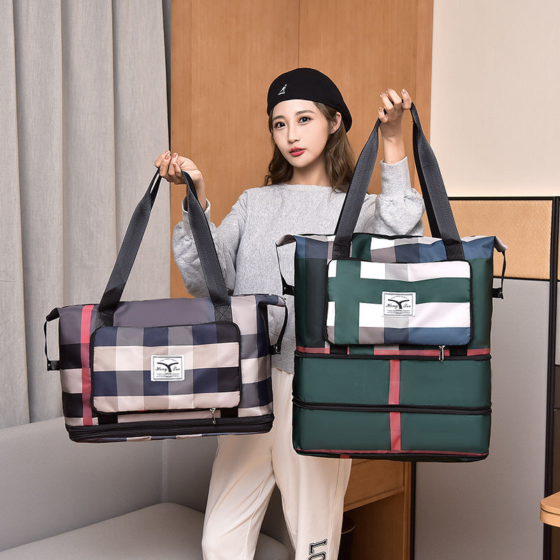 Folding Extended Plaid Dry Wet Separation Travel Bags