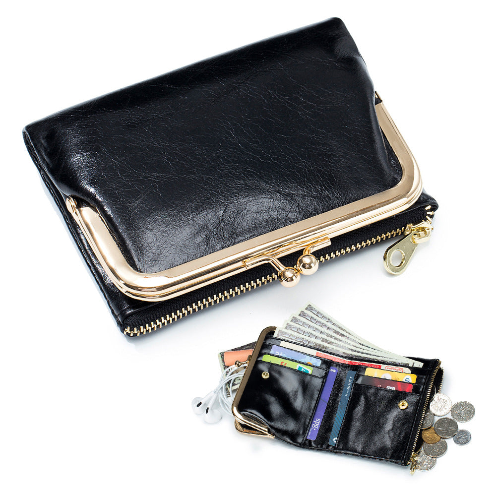 Women's Genuine Leather Retro Clutch Short Clip Ladies Wallets