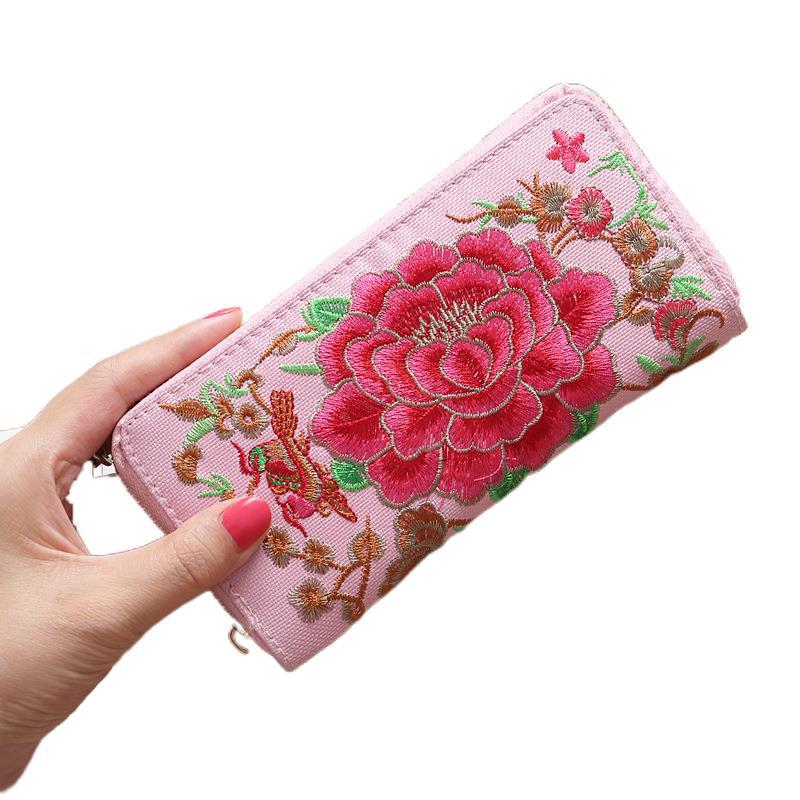 Women's Style Peony Embroidered Double Sided Embroidery Ladies Wallets