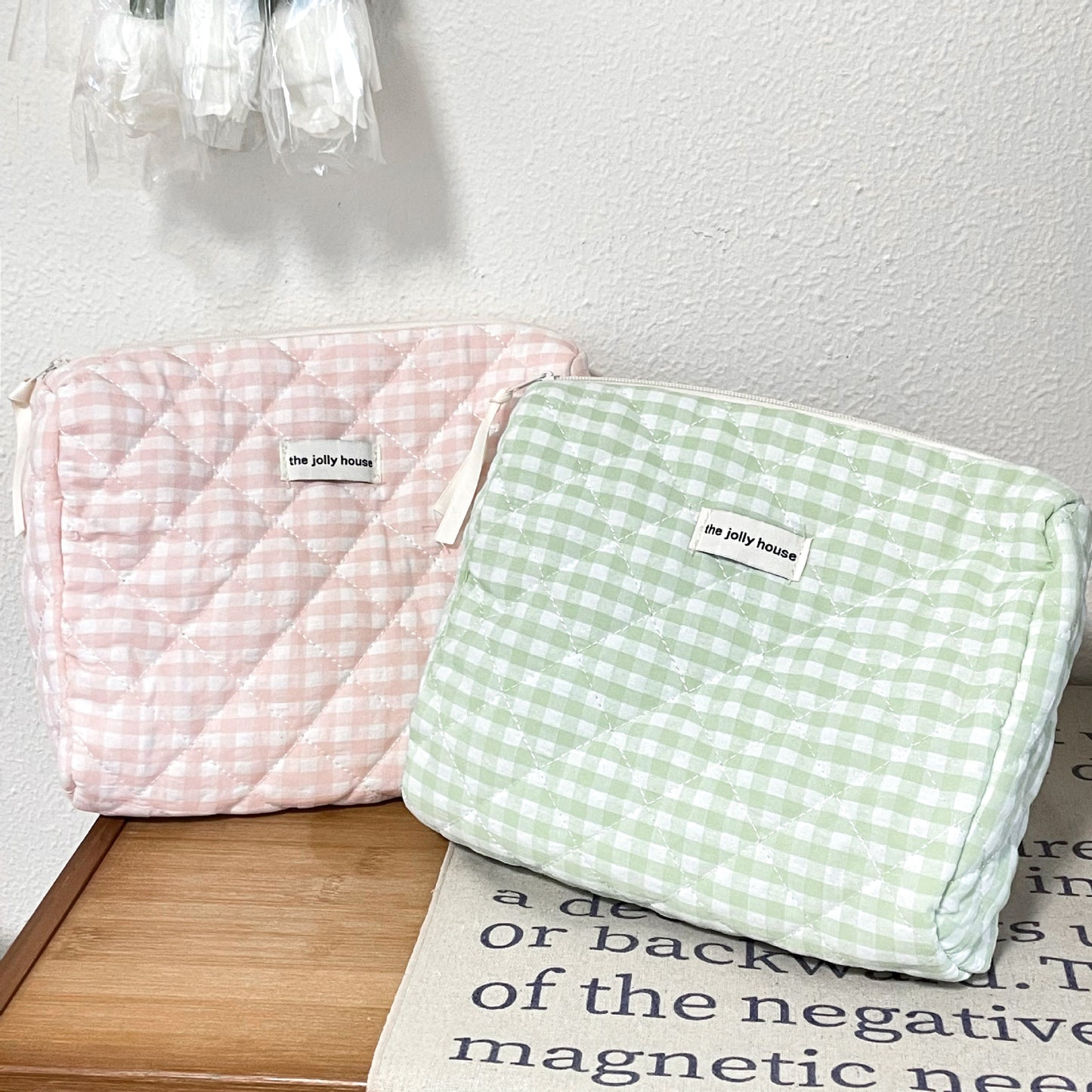 Green Plaid Large Capacity Cute Portable Cosmetics Storage Cotton Cosmetic Bags