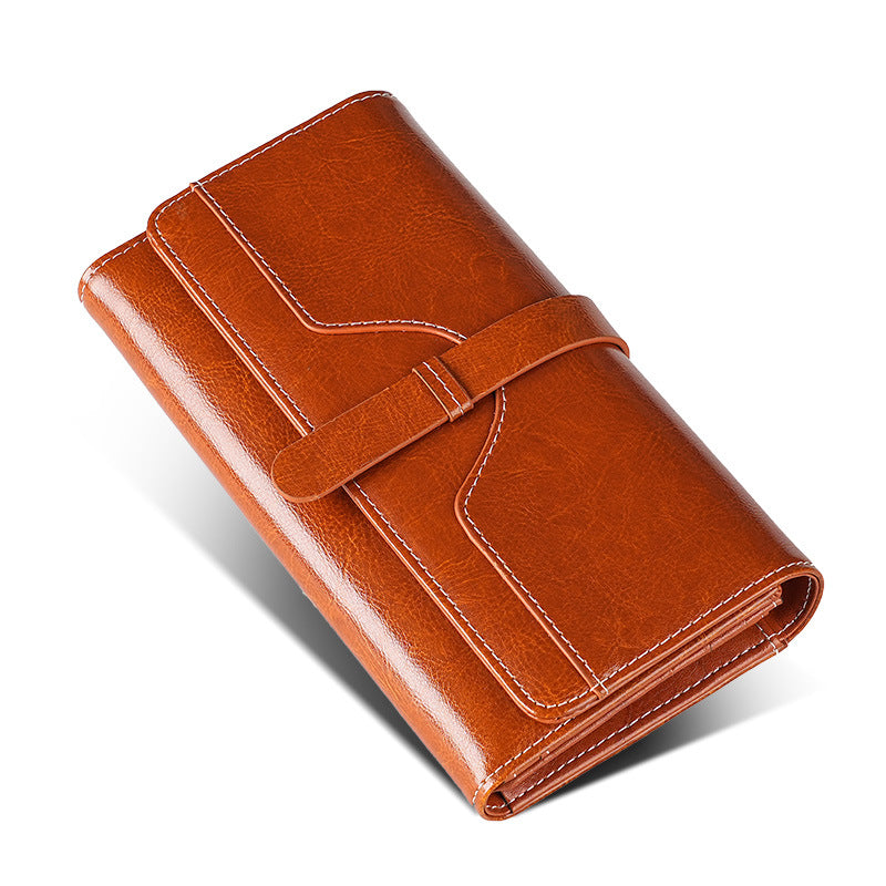 Women's Oil Wax Leather Long Multiple Slots Ladies Wallets