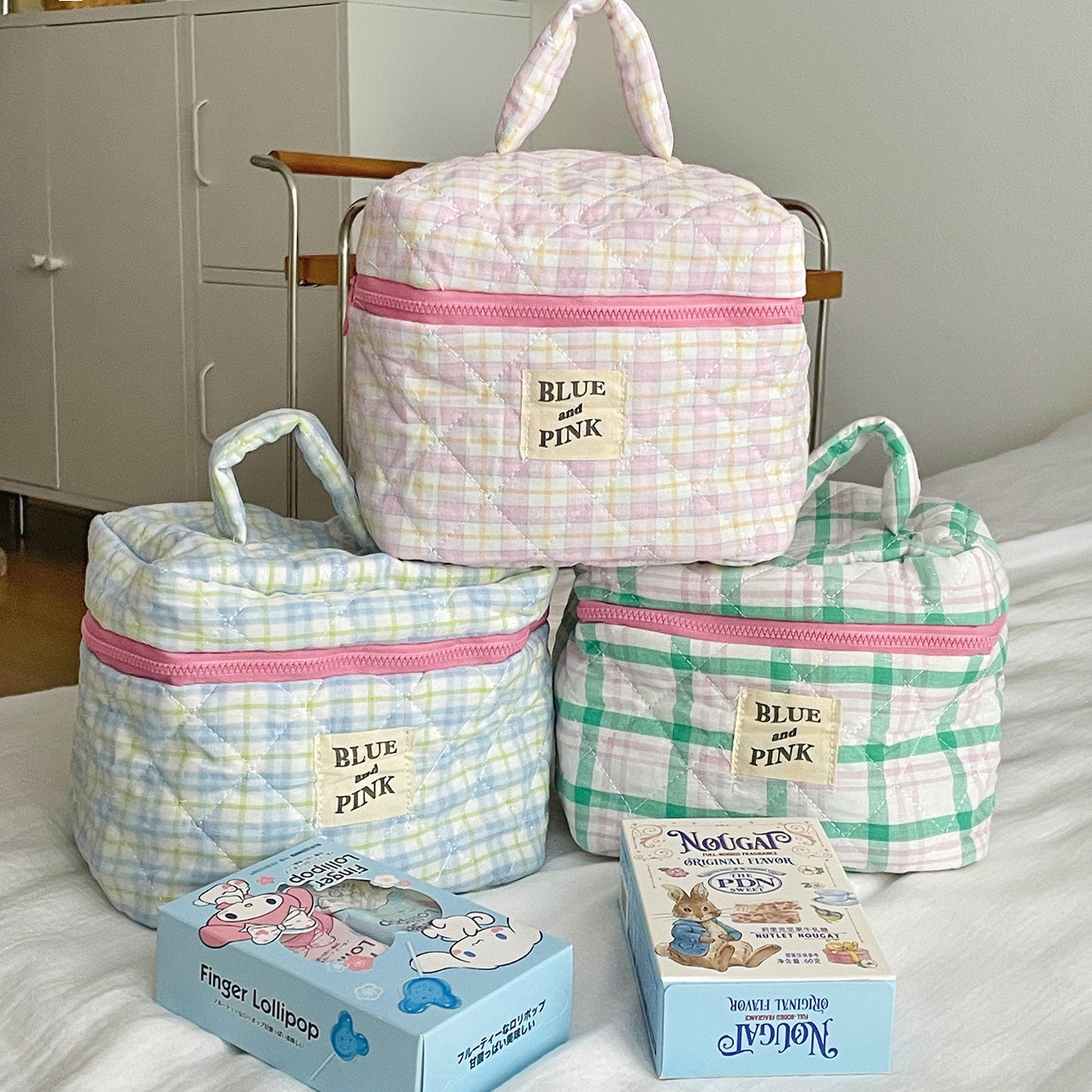 Plaid Storage Female Simple Portable Soft Cotton Quilted Cosmetic Bags