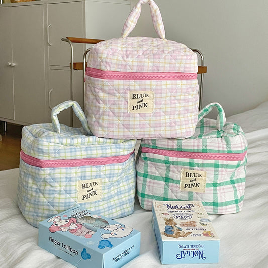 Sacs à cosmétiques matelassés en coton doux, rangement à carreaux pour femmes, simples et portables