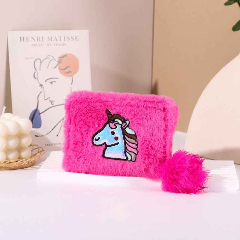 Portefeuille court en peluche avec fermeture éclair pour femme, pochette cheval arc-en-ciel