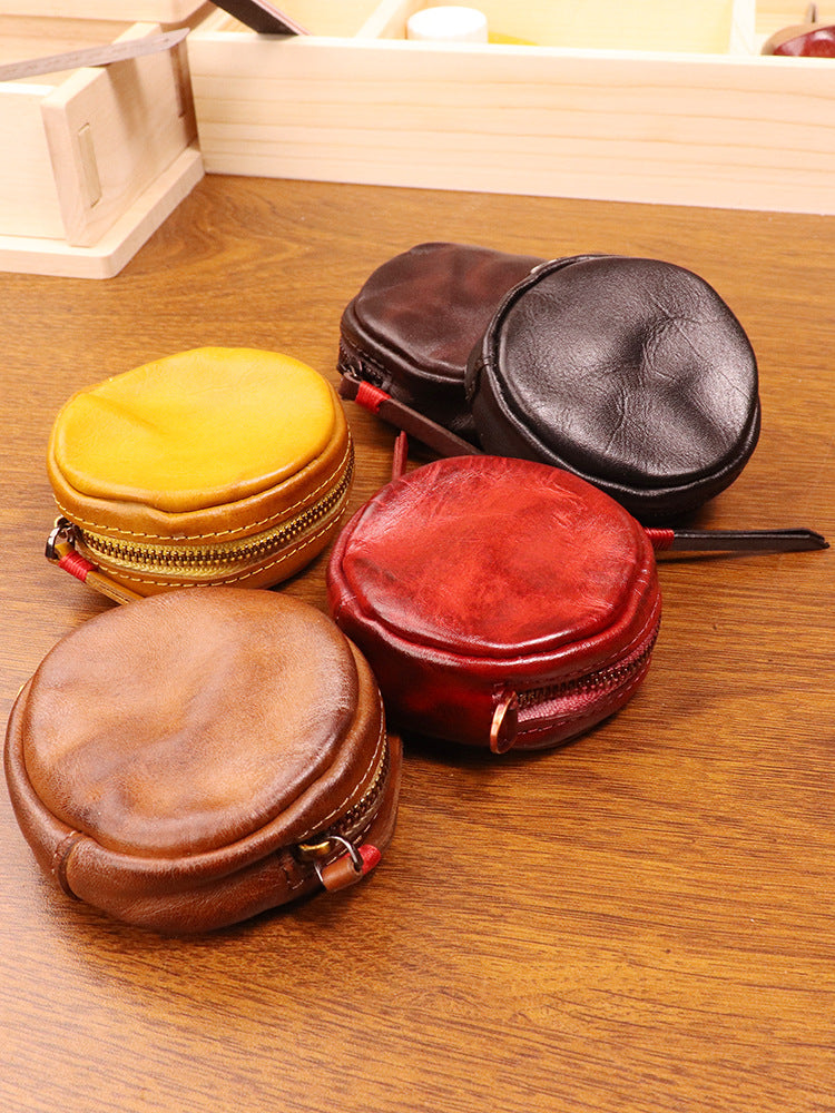 Women's Tanning Leather Retro Hand-rub Color Distressed Round Personality Coin Purses