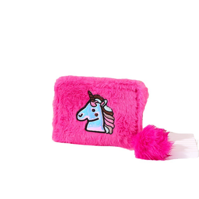 Portefeuille court en peluche avec fermeture éclair pour femme, pochette cheval arc-en-ciel