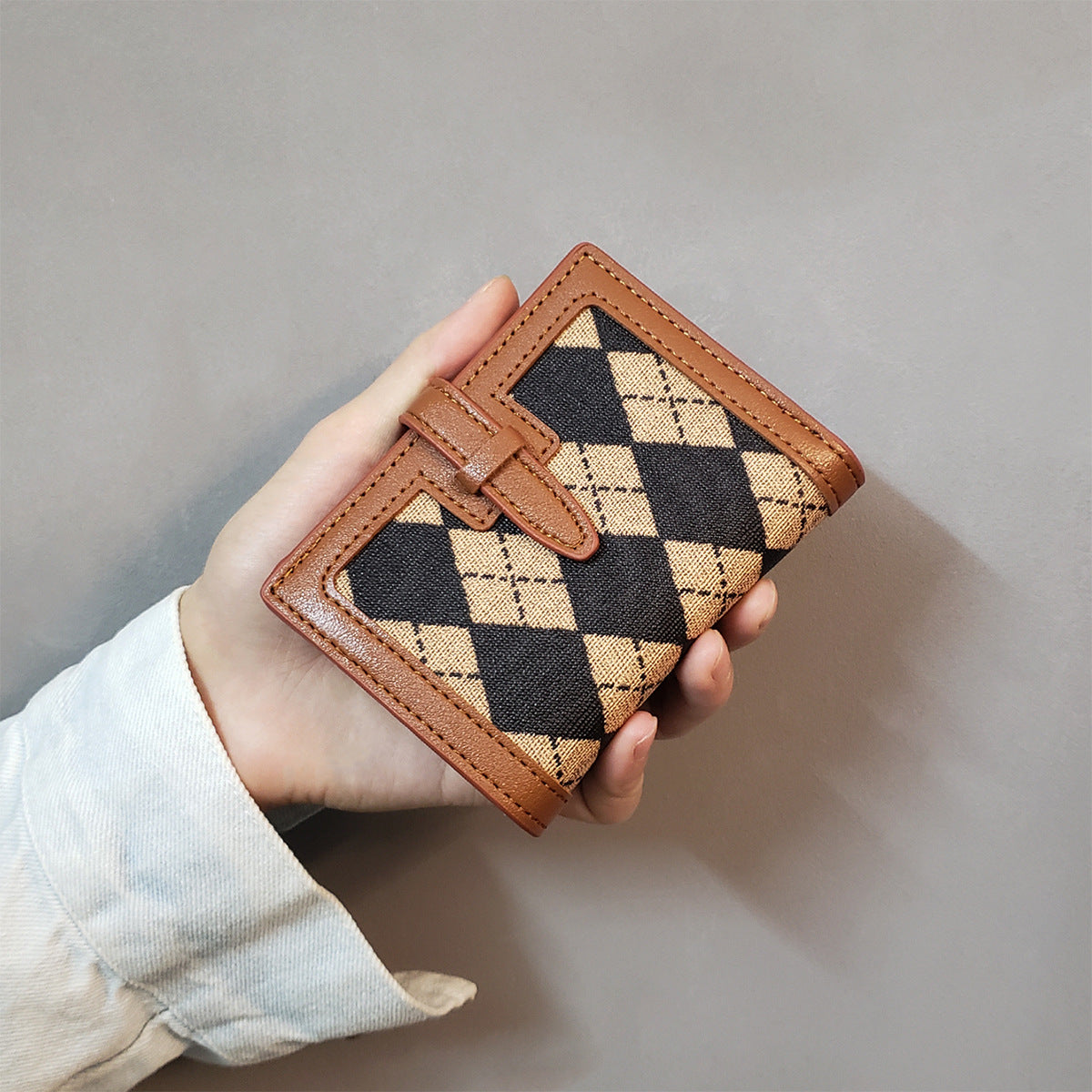 Portefeuilles pour femmes à carreaux d'échiquier noir blanc à fermeture éclair courte pour dames