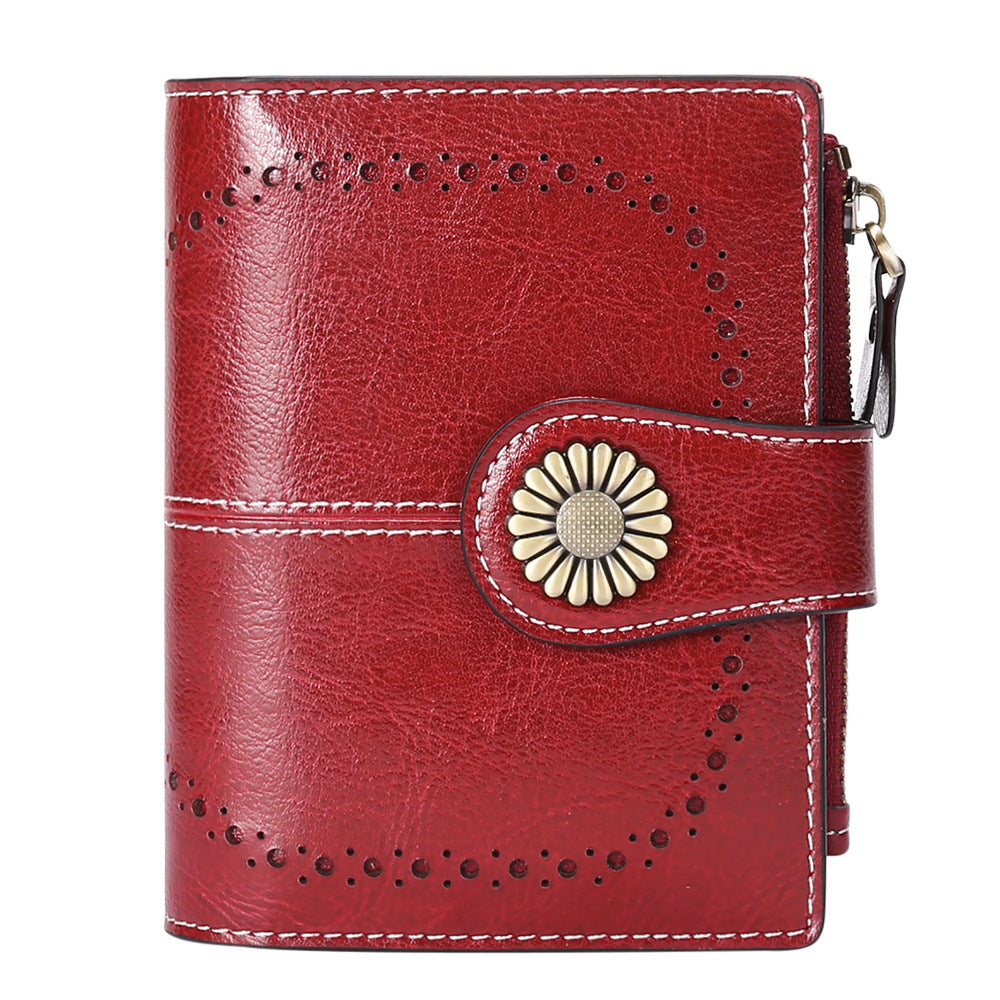 Women's Short Oil Wax Leather Zipper Ladies Wallets