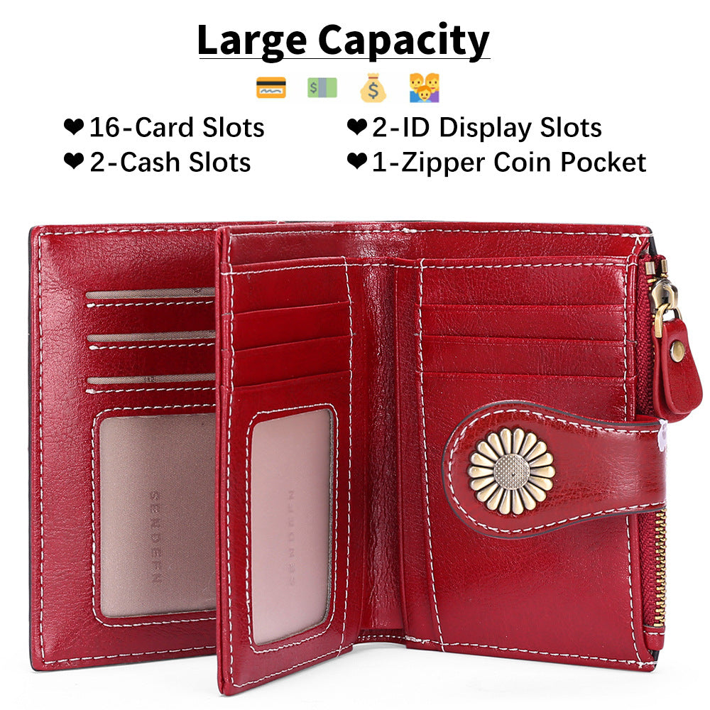 Women's Short Oil Wax Leather Zipper Ladies Wallets