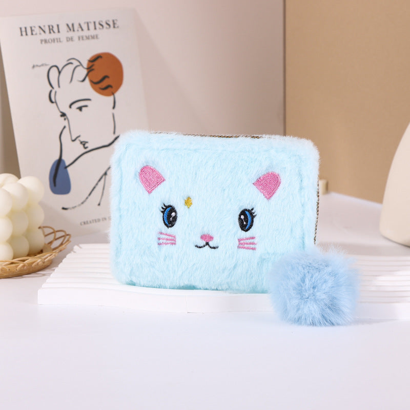 Embroidered Kitty Short Zipper Clutch Plush Ladies Wallets