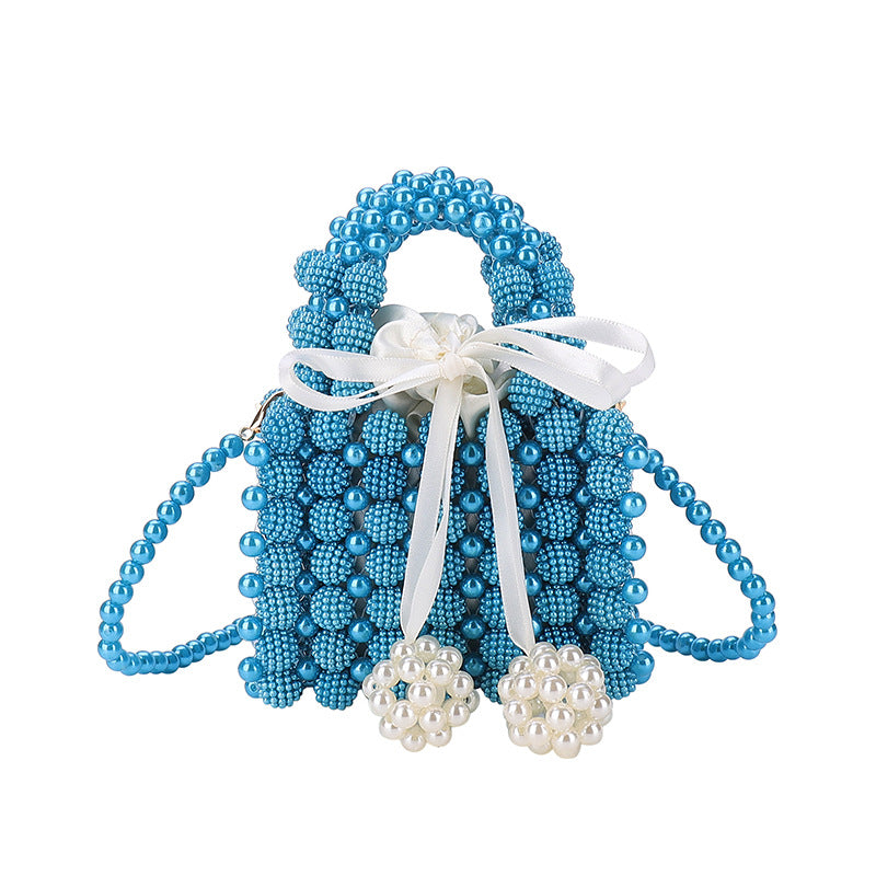 Women's Pure Color Beaded Pearl Woven Small Children's Shoulder Bags