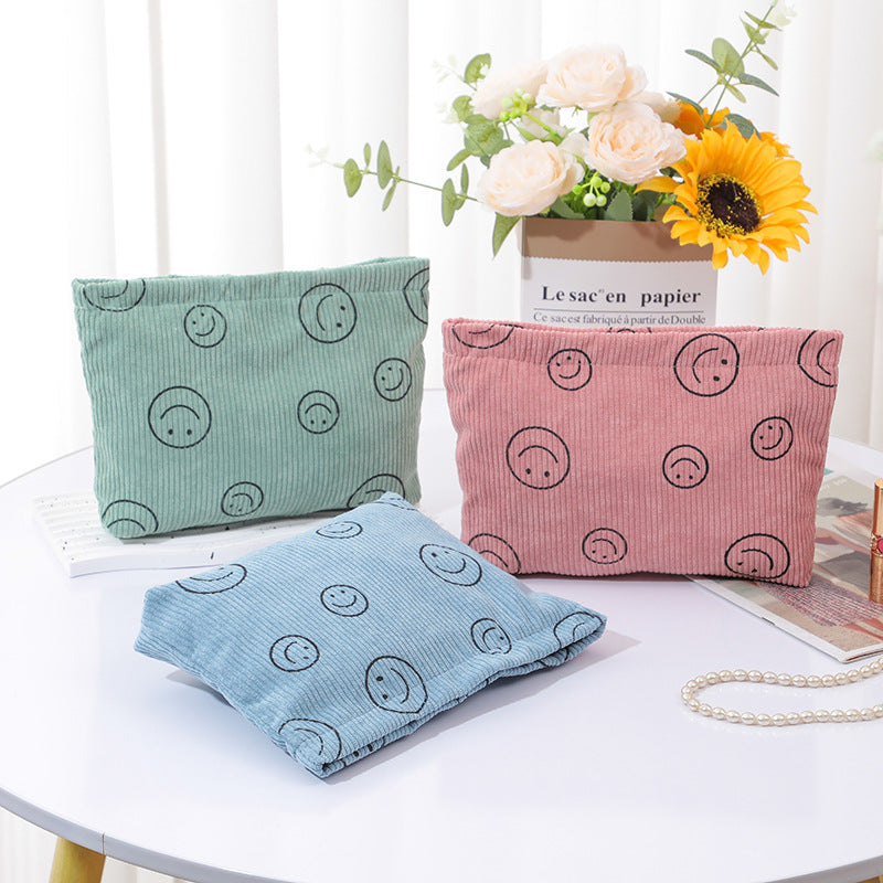 Corduroy Polka Dot Retro Smiley Face Storage Wash Clutch Bags