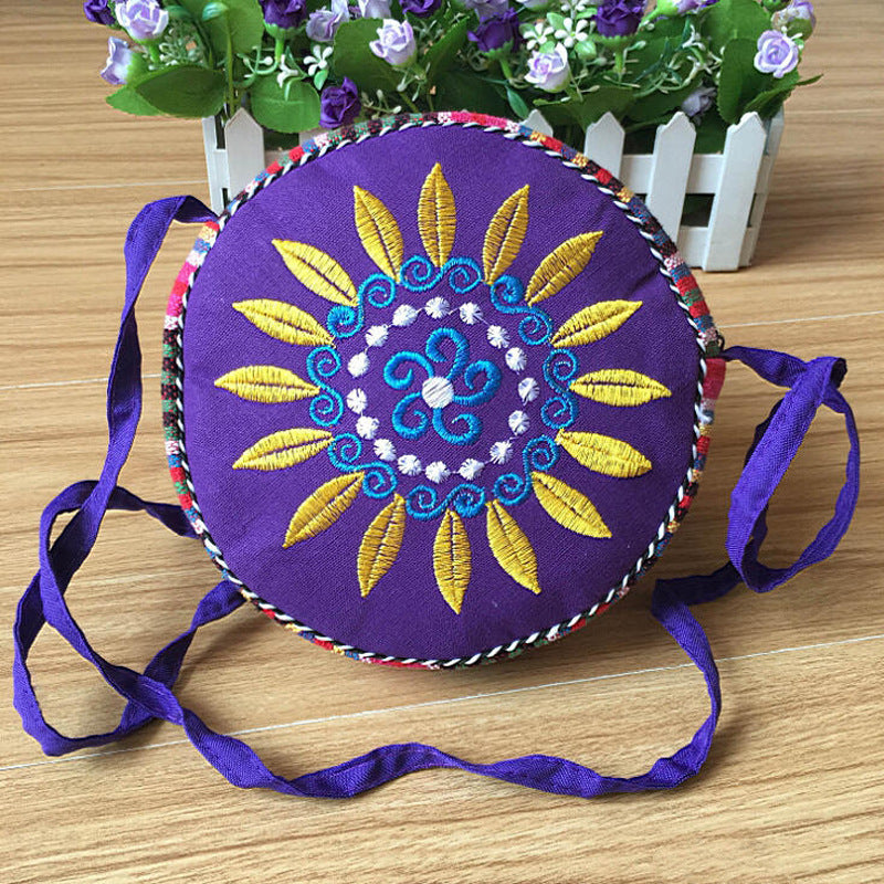 Ethnic Style Sunflower Embroidered Canvas Rainbow Round Crossbody Bags