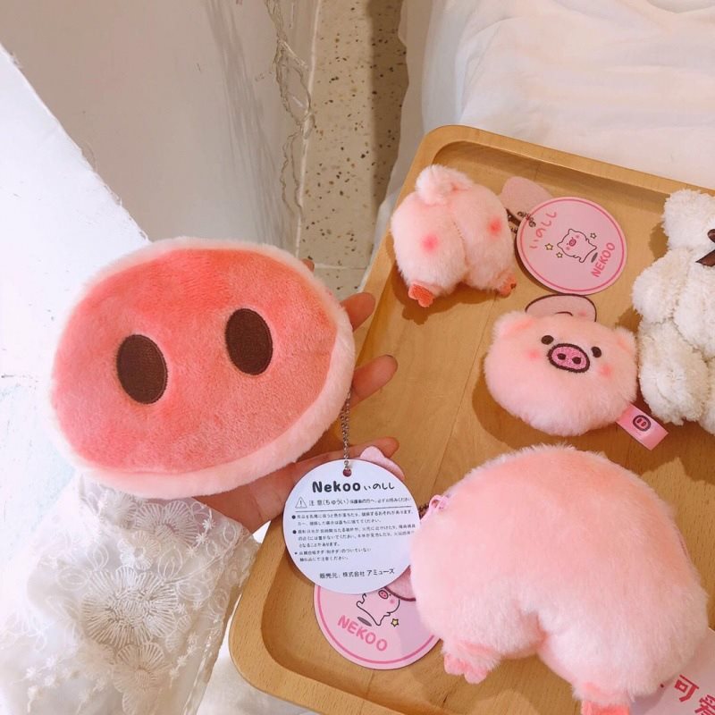 Porte-monnaie chic en peluche avec tête de cochon et cœur