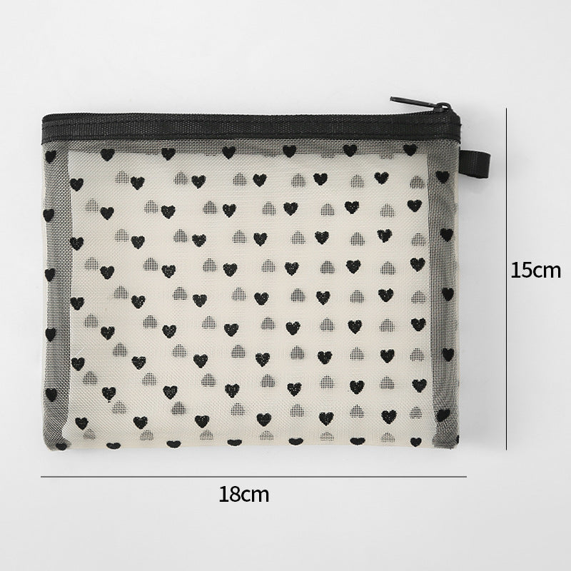 Flocking Love Heart Mesh Portable Cosmetics Cosmetic Bags