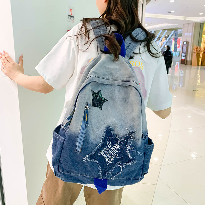 Denim Gradient Color Double Back Cartoon Backpacks