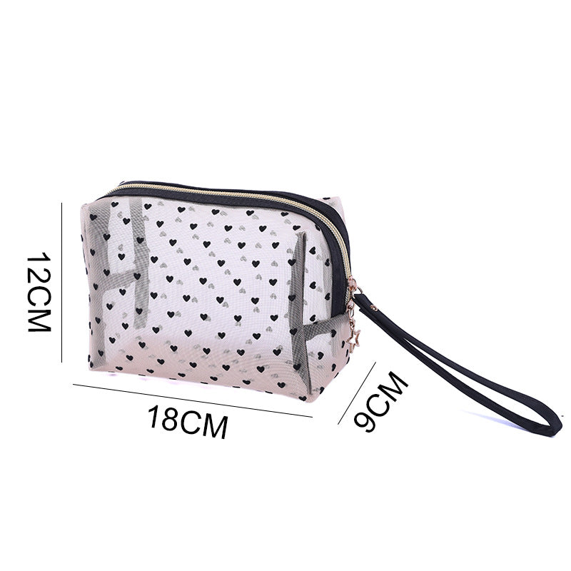 Love Heart Mesh Portable Buggy Transparent Cosmetic Bags