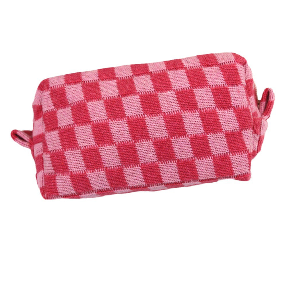 Wind Chessboard Plaid Knitted Contrast Color Wool Large Capacity Cosmetic Bags