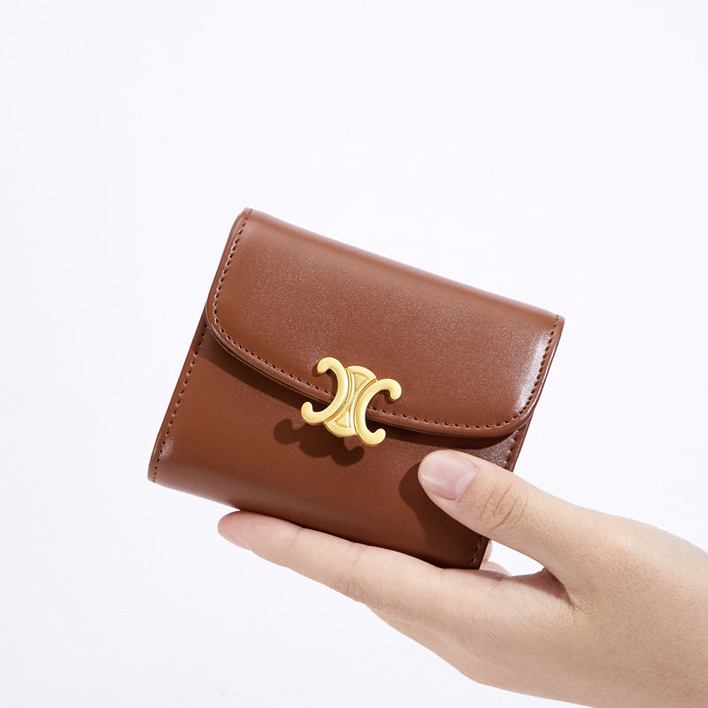 Porte-monnaie court et compact en cuir véritable pour femmes, couleur unie