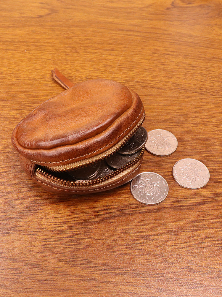 Women's Tanning Leather Retro Hand-rub Color Distressed Round Personality Coin Purses