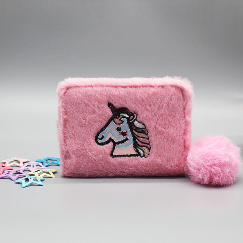 Women's Plush Zipper Short Rainbow Horse Clutch Ladies Wallets