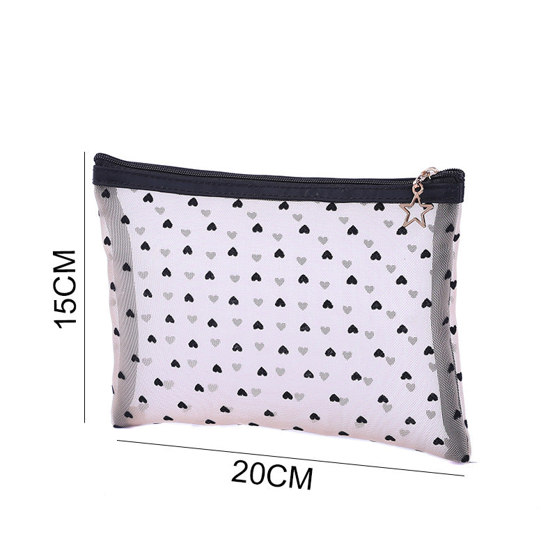 Love Heart Mesh Portable Buggy Transparent Cosmetic Bags