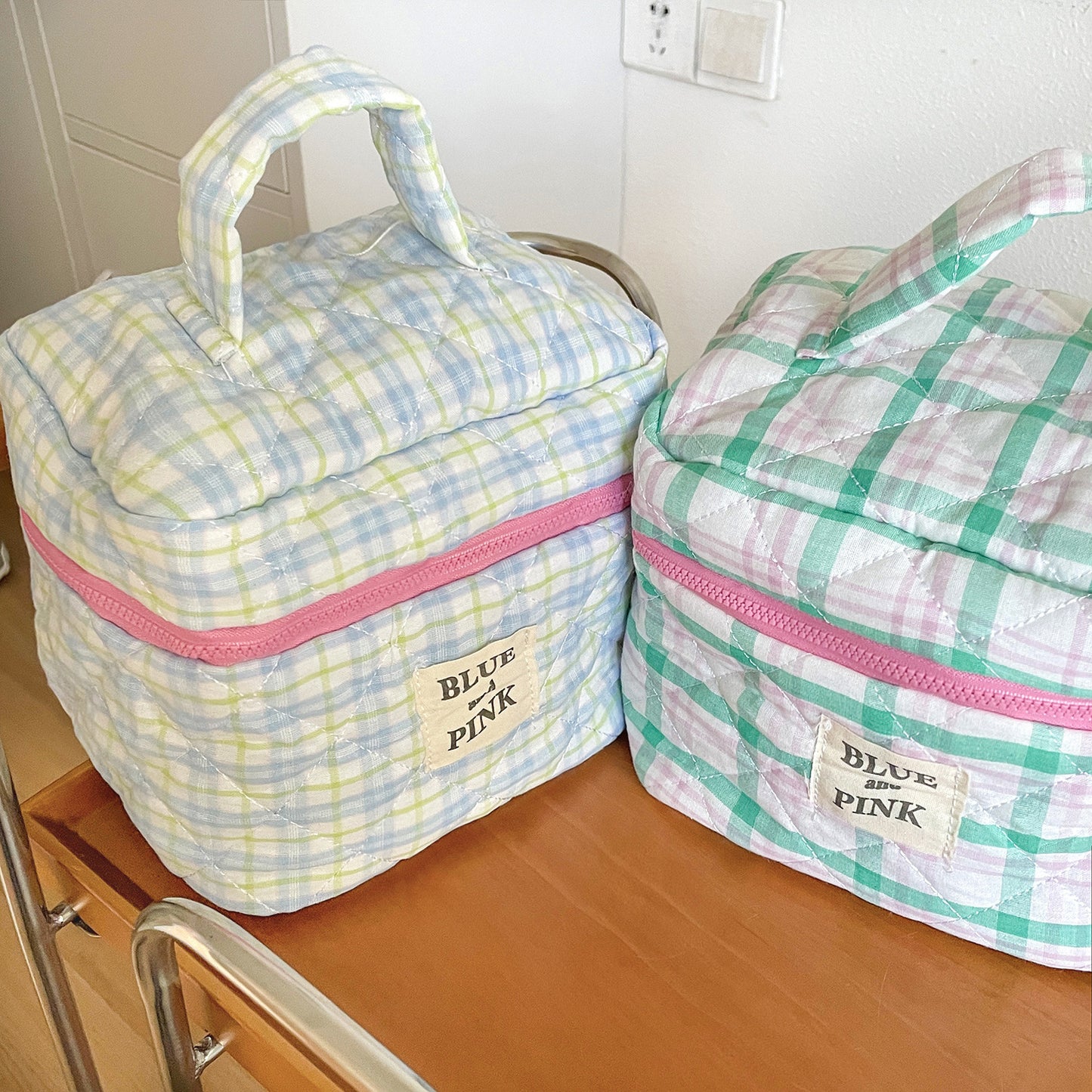 Sacs à cosmétiques matelassés en coton doux, rangement à carreaux pour femmes, simples et portables