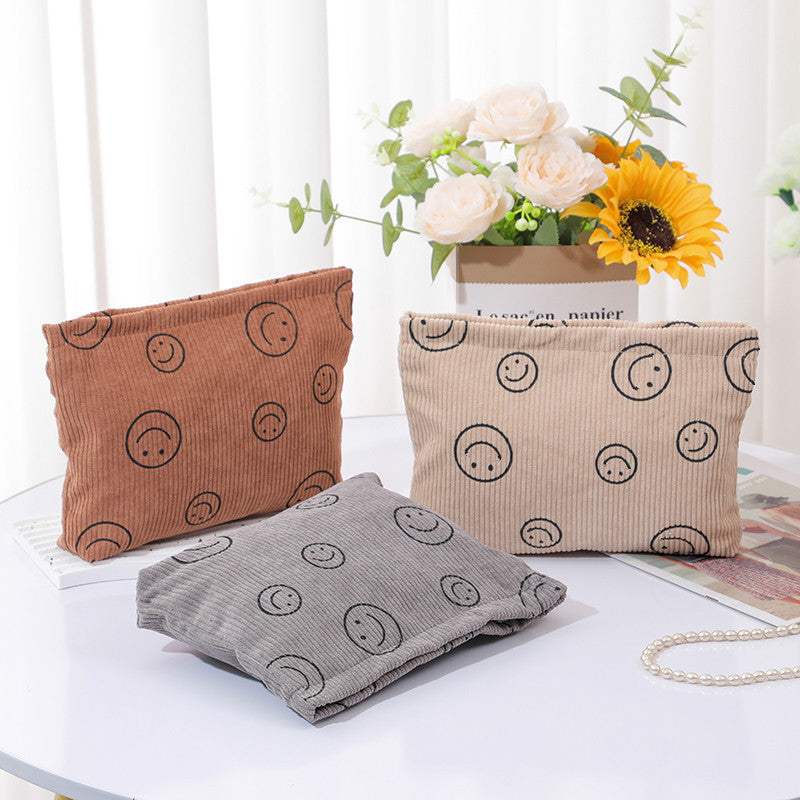 Corduroy Polka Dot Retro Smiley Face Storage Wash Clutch Bags