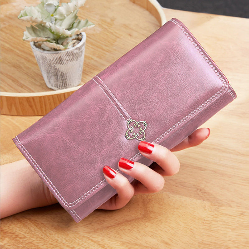 Female Long Retro Oil Waxed Leather Ladies Wallets