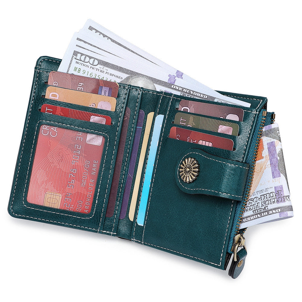 Women's Oily Leather Short Zipper Hollow Multifunctional Ladies Wallets