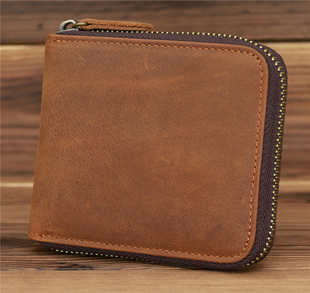 Men's Zipper Crazy Horse First Layer Cowhide Coin Purses