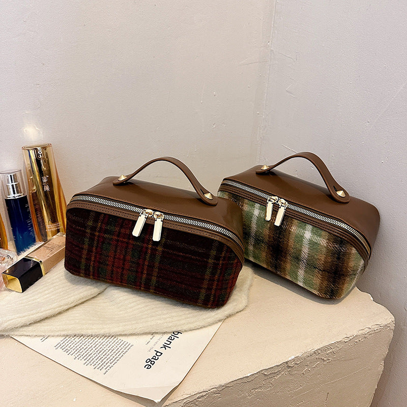 Capacity Classic Style Plaid Suede Texture Cosmetic Bags