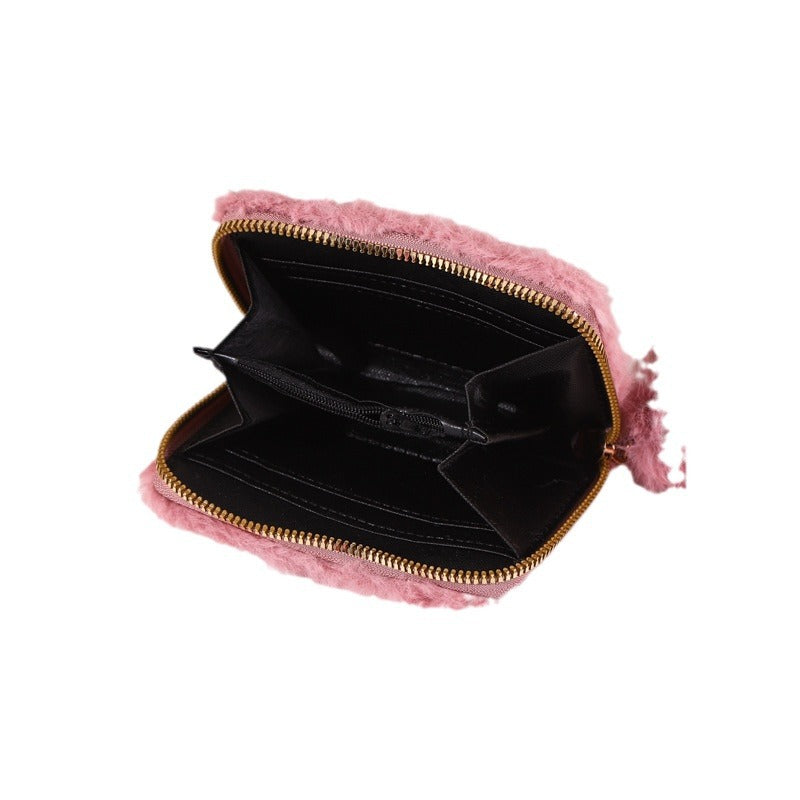 Plush Love Embroidered Zipper Short Clutch Coin Purses