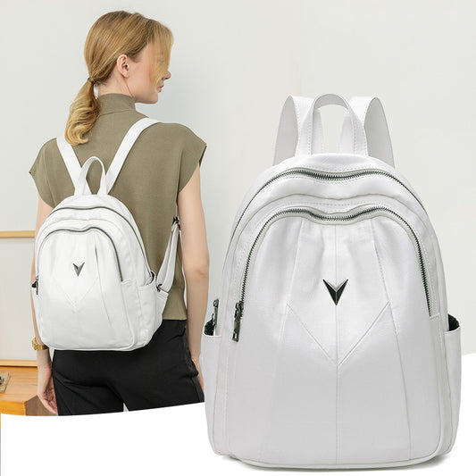 Women's Korean Trendy Soft Leather White Large Backpacks