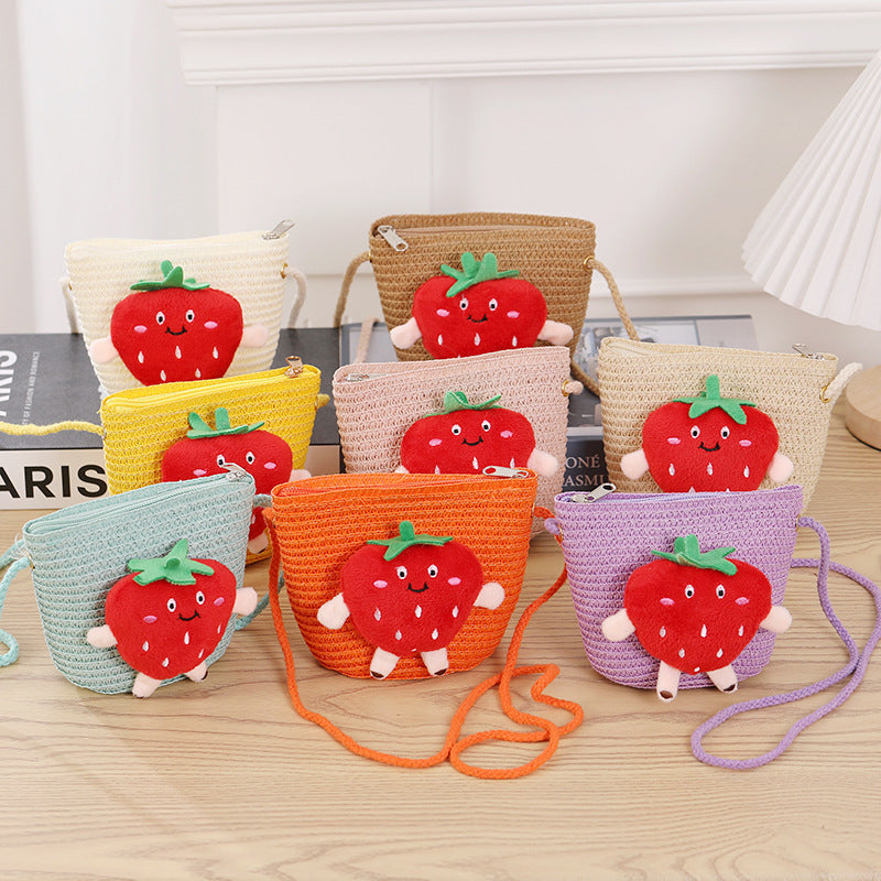 Porte-monnaie en paille tissée aux fraises pour enfants, petit changement, mignon