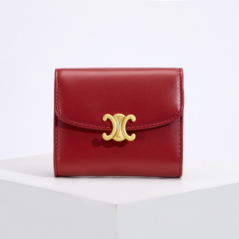 Porte-monnaie court et compact en cuir véritable pour femmes, couleur unie