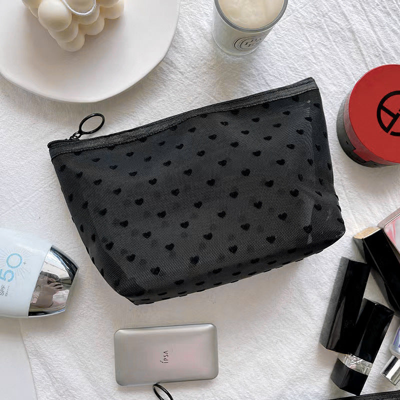 Black Love Flocking Mesh Storage Multifunctional Cosmetic Bags