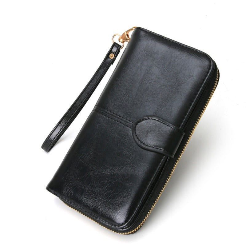 Women's Zipper Oil Wax Leather Mobile Clutch Ladies Wallets