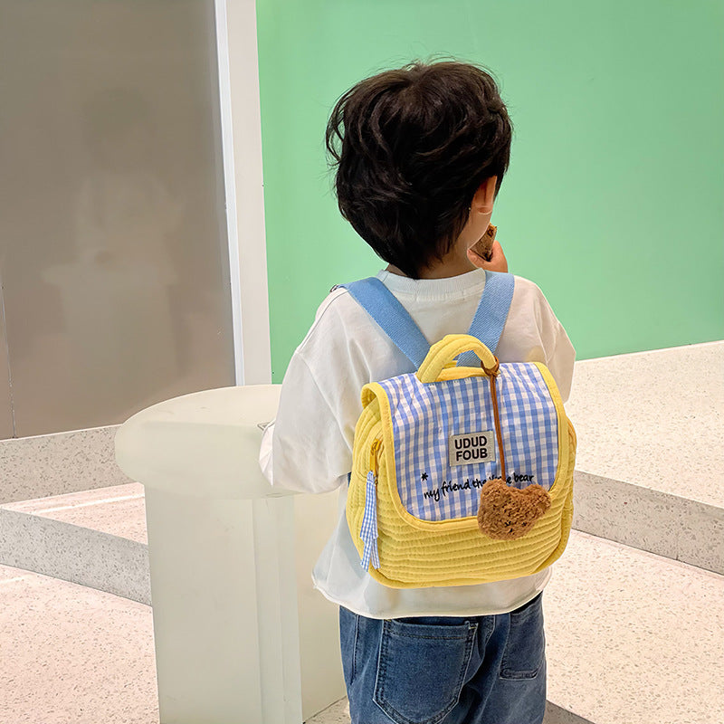 Sacs à dos brodés à carreaux ours coréen pour enfants, mignons garçons