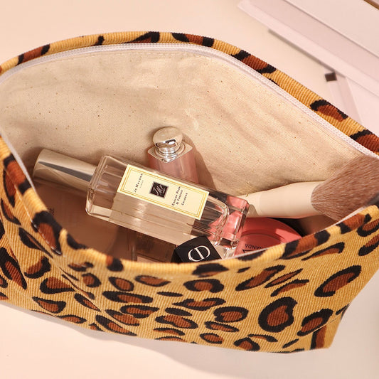 Vintage Leopard Print Corduroy Portable Washing Protecting Storage Cosmetic Bags