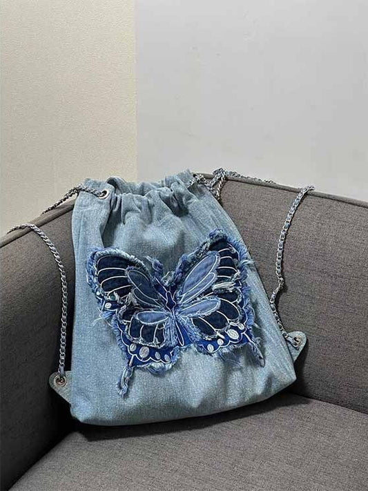 Butterfly Tassel Denim Chain Simple Embroidery Contrast Backpacks