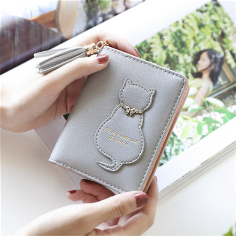 Women's Cute Cat Solid Color Vertical 2 Fold Ladies Wallets